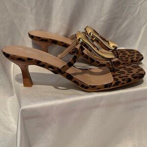 Forever Leopard Print Mule Heels Gold Buckle Square Toe Size 10 NWOT
